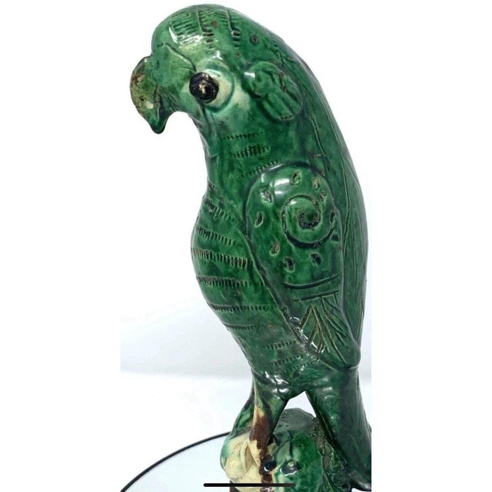 Antique 19th Century Chinese Glazed Pottery Dynasty Green Parrot 9.25" Sancai - Picture 6 of 10